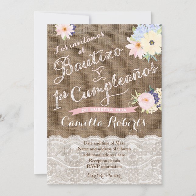 Bautizo y 1er cumpleaños, invitaciones para niña (Anverso)