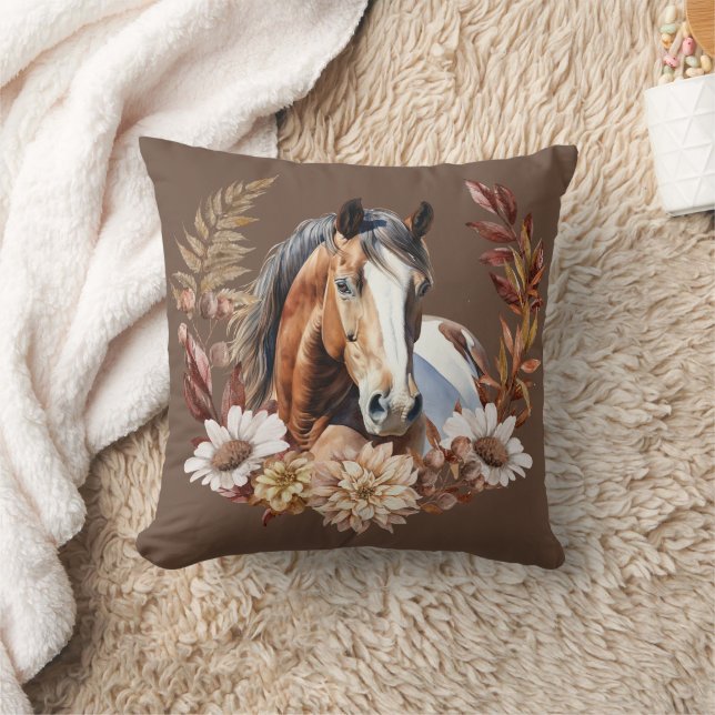 Bay Paint Horse Autumn Wreath Cojín decorativo (Manta)