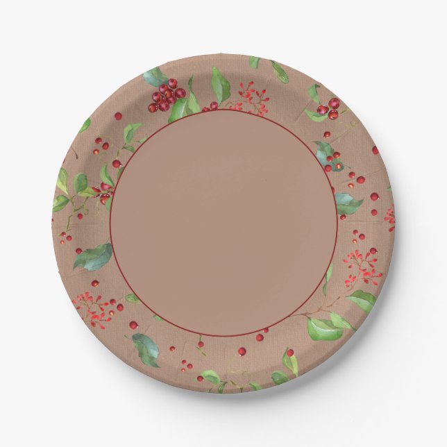 Bayas de Navidad y Follaje en Plato de Papel Kraft (Anverso)