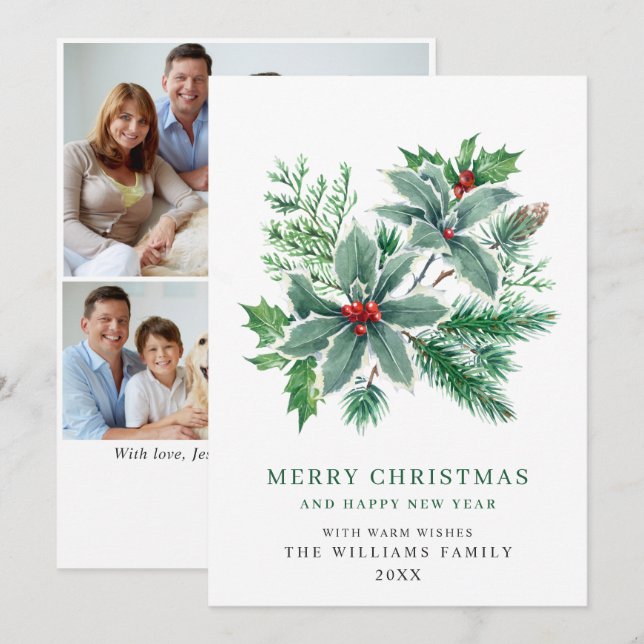 Bayas festivas de acebo 3 FOTO Tarjeta de Navidad (Anverso / Reverso)