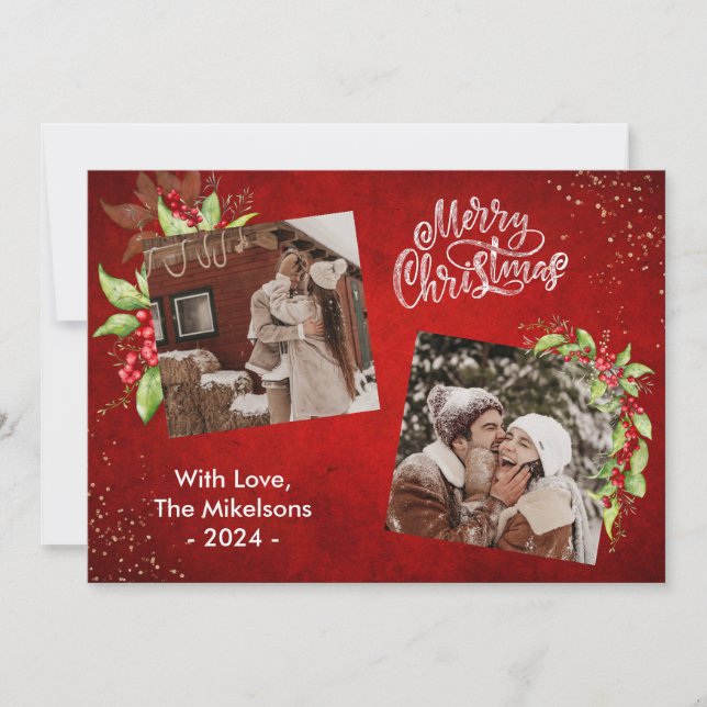 Bayas Festivas y Verdor Feliz Navidad Foto (Anverso)