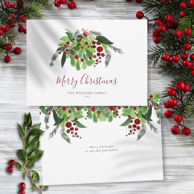 Bayas Rojas Acuarela Verde Navidad (Red Berries Watercolor Greenery Christmas Holiday Card)