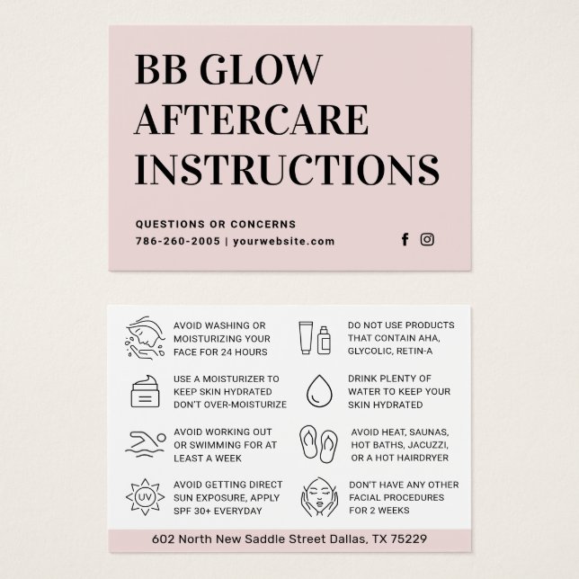 BB GLOW Facial Aftercare Instruction Card (Anverso y reverso)