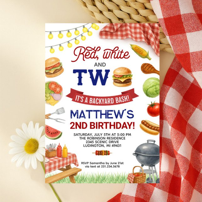 BBQ 2º cumpleaños Invitación Verano Grill Cumpleañ (Red, White and Two 4th of July BBQ 2nd Birthday Invitation Summer Grill Birthday
)