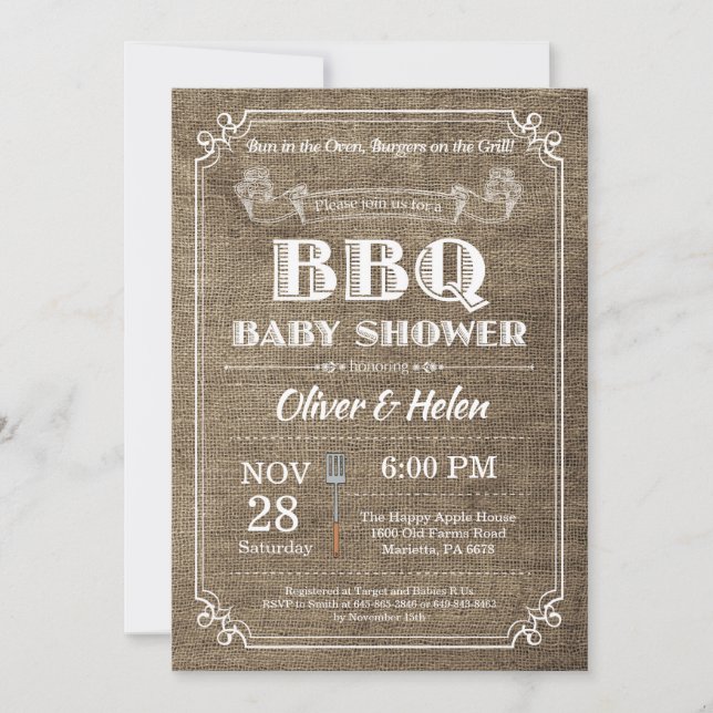BBQ Baby Shower Invitación Burlap Vintage (Anverso)