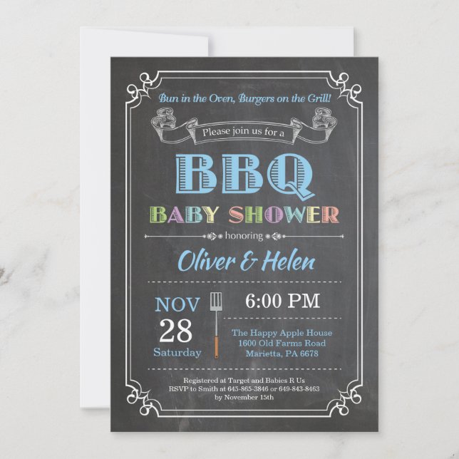 BBQ Baby Shower Invitación Chalkboard Azul (Anverso)