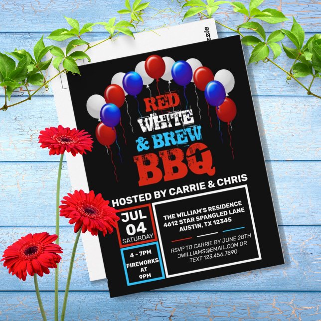 BBQ blanca y rojiza 4 de julio invitación al parti (RED, WHITE & BREW BBQ 4TH OF JULY PARTY INVITATION)
