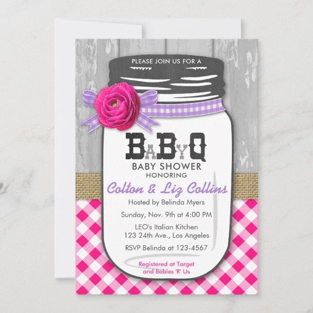 BBQ Mason Jar Invitación Baby Shower Pink & Purple (Anverso)