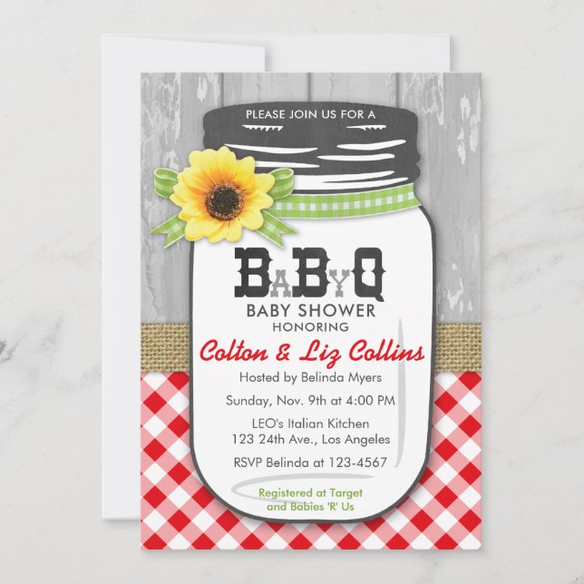 BBQ Mason Jar Invitación Baby Shower Rojo y Verde (Anverso)