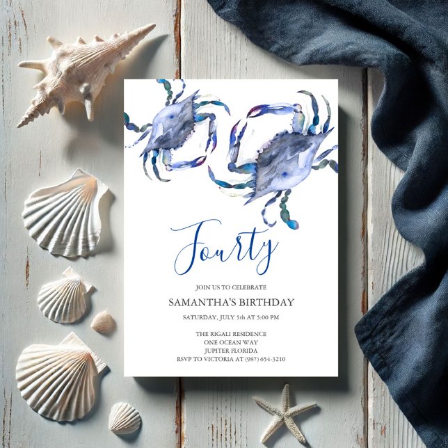 Beach 40 Invitaciones de cumpleaños Crepúsculo de  (40th birthday invitations watercolor blue crab art by Victoria Grigaliunas of Do Tell A Belle)