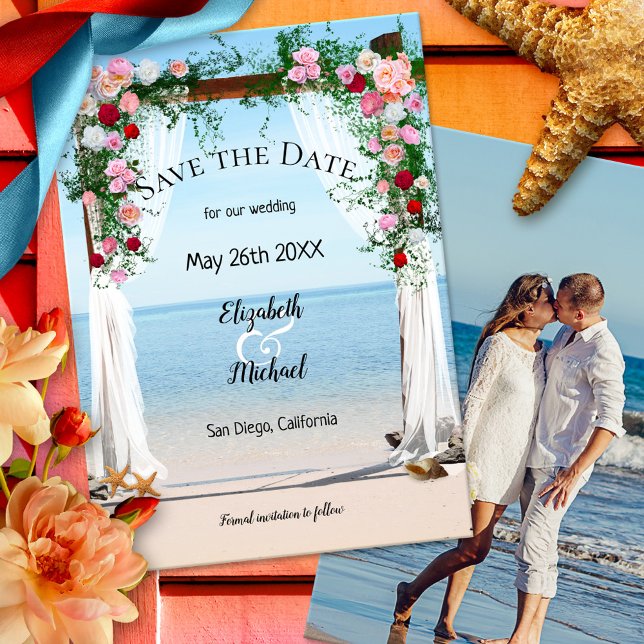 Beach Arbor Photo Wedding Guardar la tarjeta de fe (Save the Date card with a rose arbor at the beach and your custom photo)