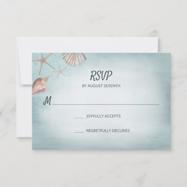 Beach Blue Seashells Watercolor Wedding RSVP (Anverso)