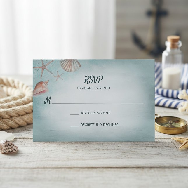 Beach Blue Seashells Watercolor Wedding RSVP (Subido por el creador)