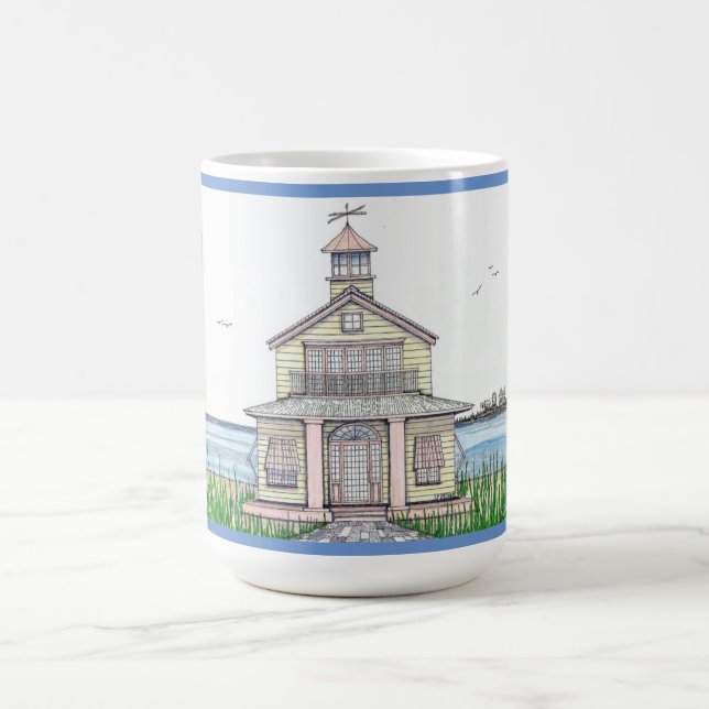 Beach Cottage Blue 15oz taza de café (Centro)
