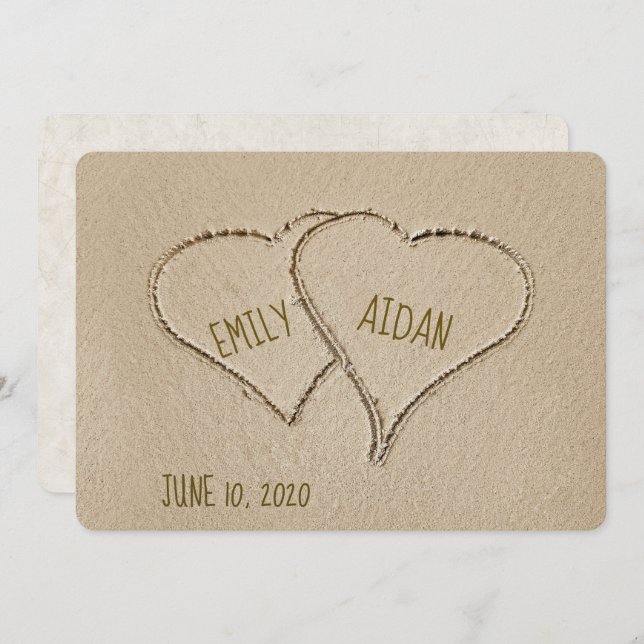 Beach Hearts in sand para la invitación a la boda (Anverso / Reverso)