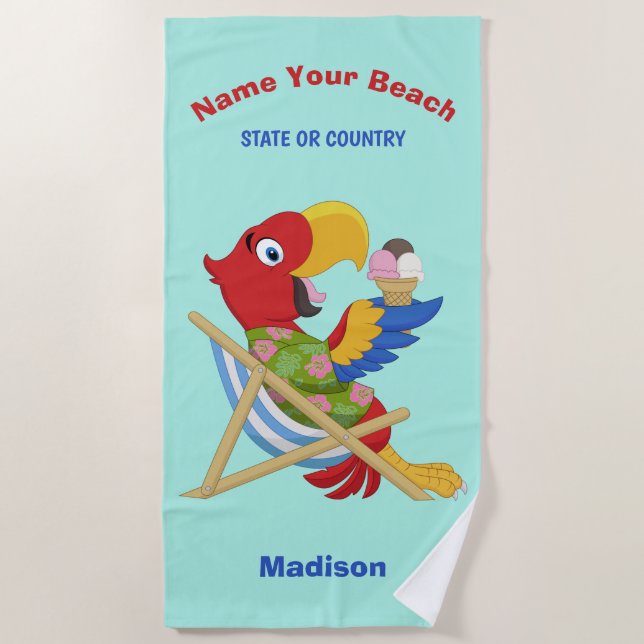 Beach Macaw nombre personalizado, toalla de playa  (Anverso)