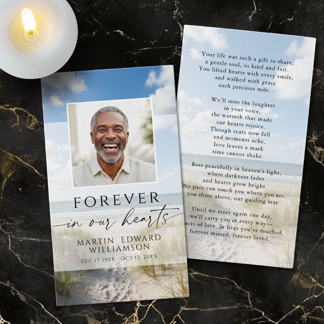 Beach Photo Forever Hearts Memorial Prayer Card (Subido por el creador)