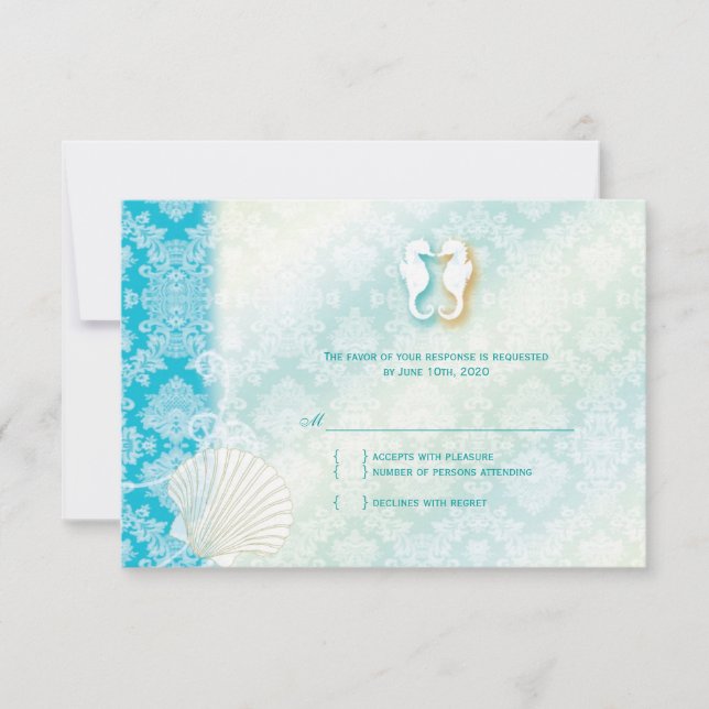 Beach Seahorse Turquoise Wedding RSVP (Anverso)