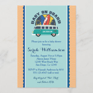 Beach Surf Surfboard Baby Boy Shower Invitación