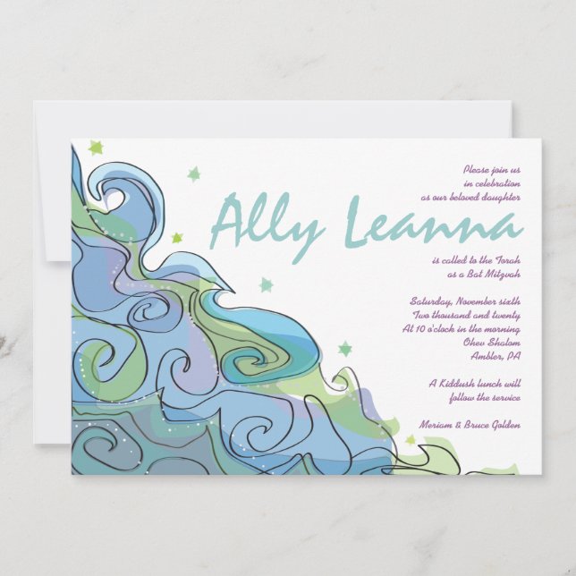 BEACHY Ocean Wave Bar Bat Mitzvah Invitación (Anverso)