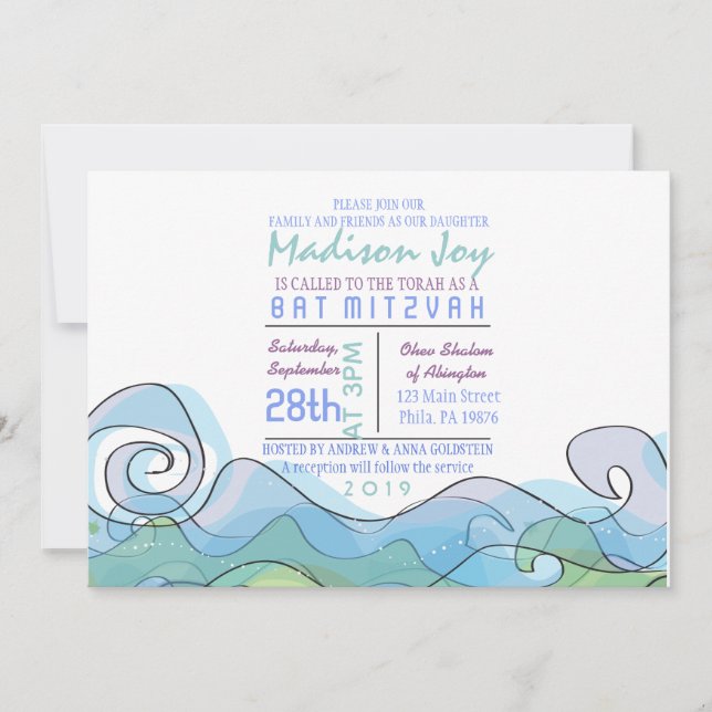 BEACHY Ocean Wave Bar Bat Mitzvah Invitación (Anverso)