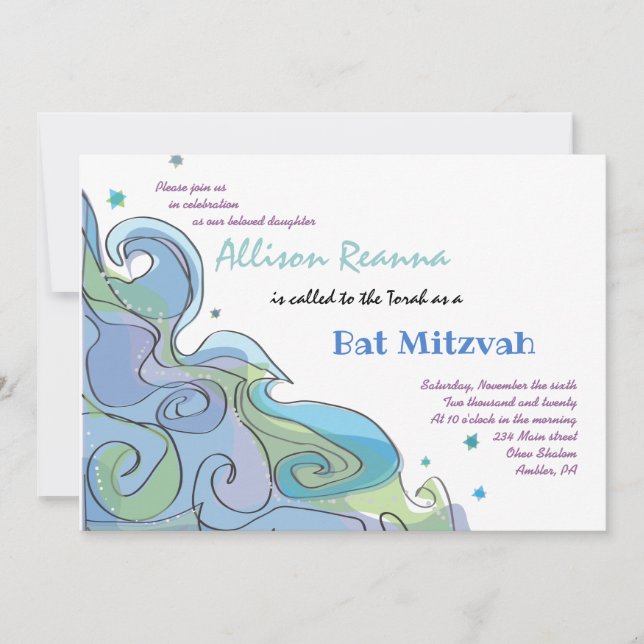 Beachy Ocean Wave Bar Bat Mitzvah Invitación (Anverso)