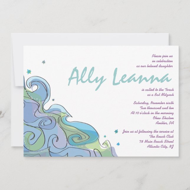 Beachy Ocean Wave Bar Bat Mitzvah Invitación (Anverso)