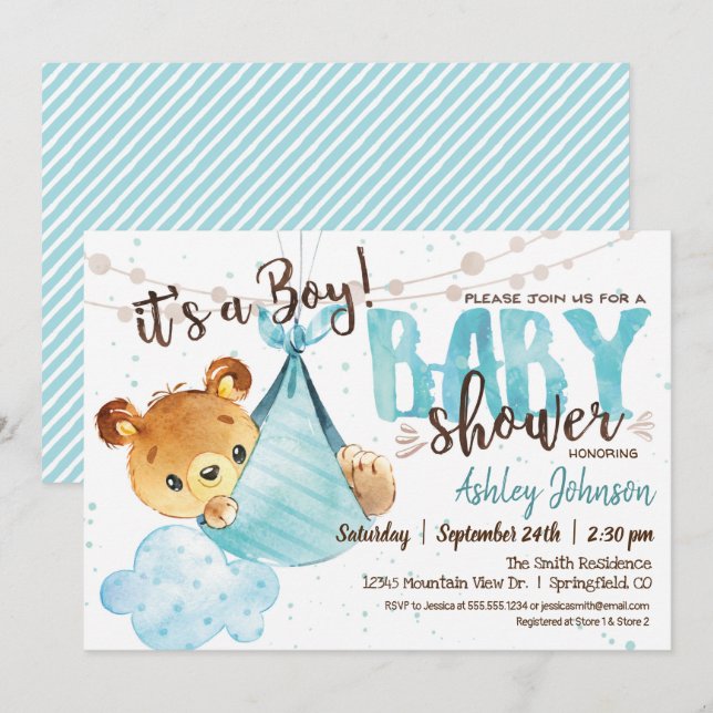 Bear Baby Shower Boy, invitación (Anverso / Reverso)