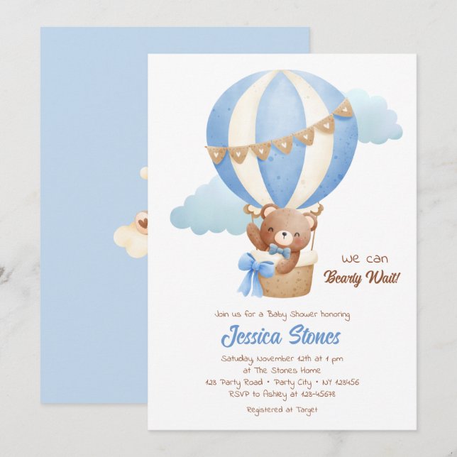 Bear Baby Shower Invitaciones Niño Globos de aire  (Anverso / Reverso)