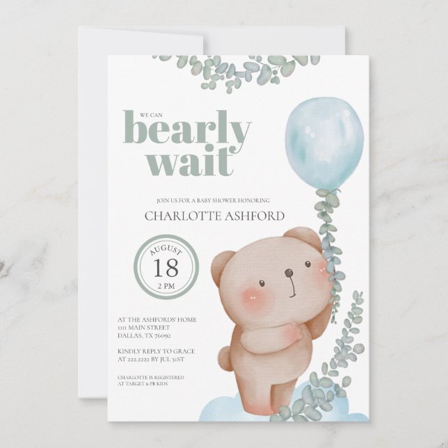 Bear Balloon Bearly Wait Blue Boy Invitación para  (Anverso)