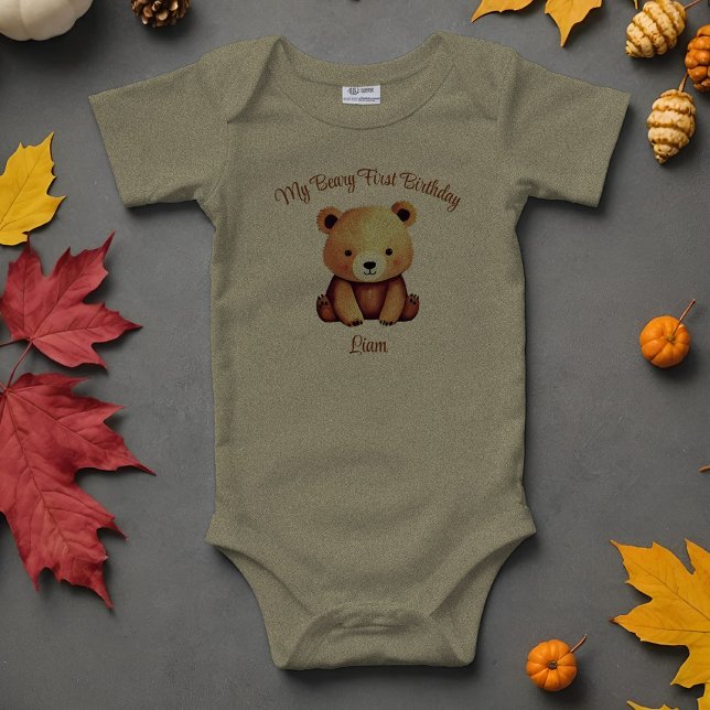 Bear Beary 1er cumpleaños Cute acuarela (Adorable personalized baby bear bodysuit for that Beary First Birthday! Cute trendy Teddy watercolor)