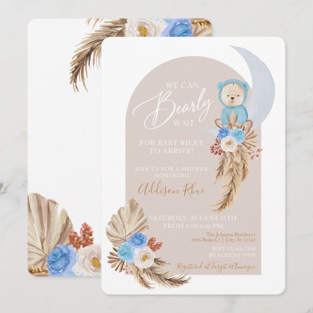 Bear Boho Blue Floral Baby Boy Invitación a la duc (Anverso / Reverso)