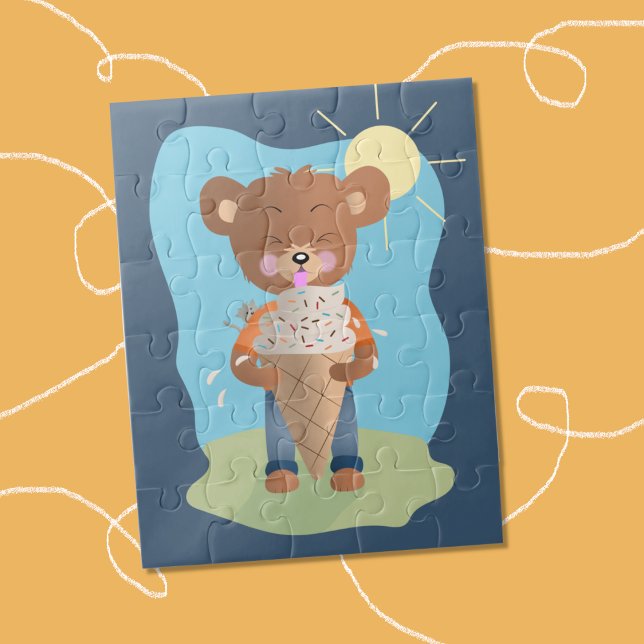 Bear Comer Helado Crema Niños Rompecabezas Verano (A summer puzzle for kids featuring a bear eating a giant ice cream cone .)