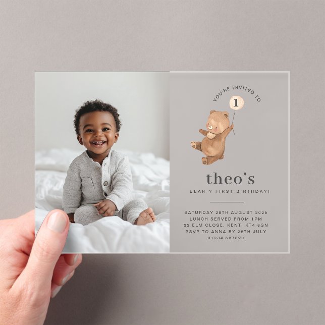Bear Cream Balloon Photo 1er cumpleaños Invitación (Insitu (portátil))