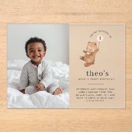 Bear Cream Balloon Photo 1er cumpleaños Invitación