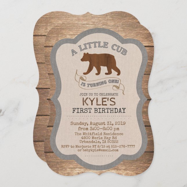 Bear Cub Boy Invitación al primer cumpleaños (Anverso / Reverso)