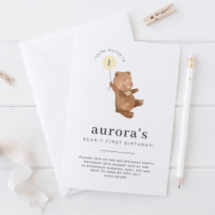 Bear First Birday Invitación Globo Amarillo