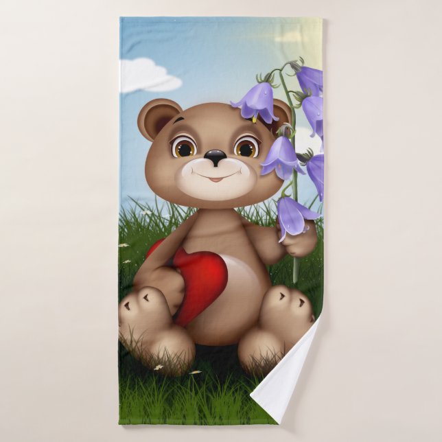 Bear Holding Bouquet Flower-30926 (Toalla de baño)