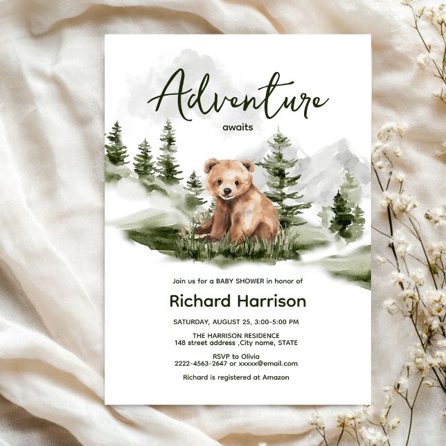 Bear lindo bosque oso bebé invitación a ducha (Bearly wait cute watercolor forest baby shower invitation )