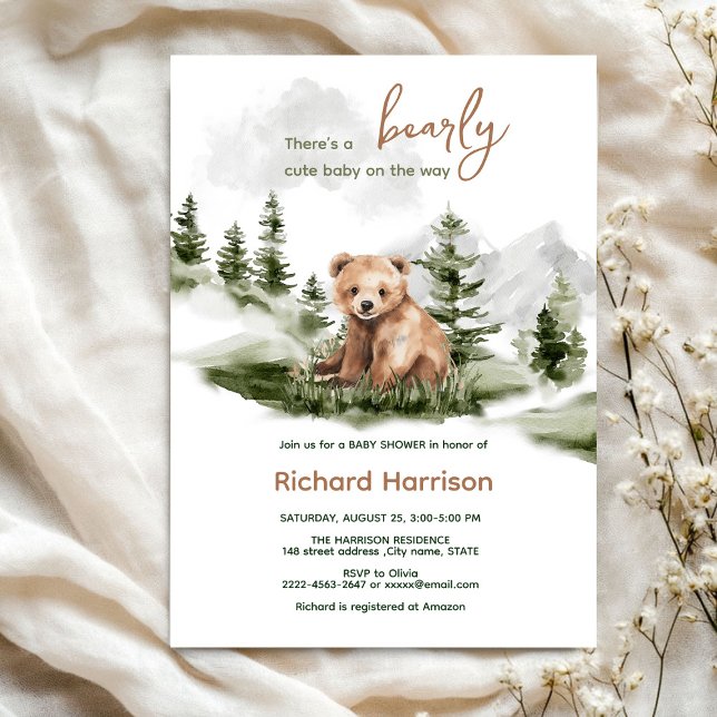 Bear lindo bosque oso bebé invitación a ducha (Bearly wait cute watercolor forest baby shower invitation )