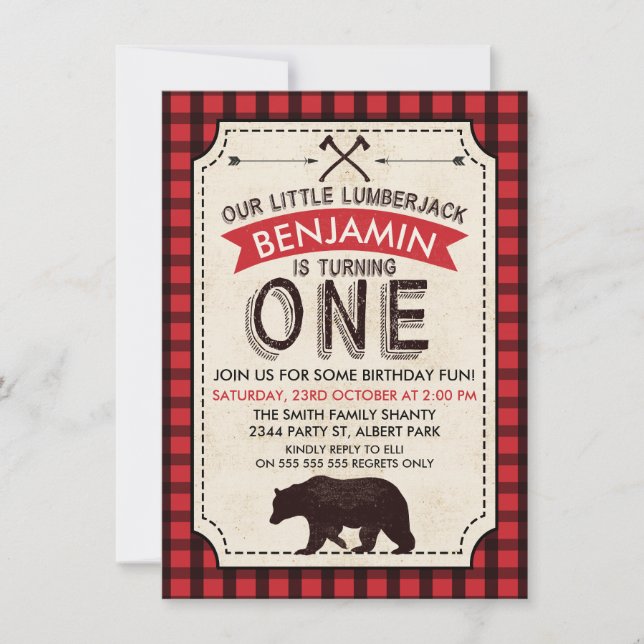 Bear Lumberjack 1ª Invitación de cumpleaños (Anverso)