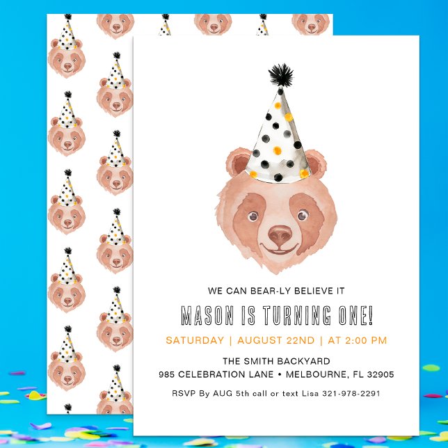 Bear-ly Believe It 1er cumpleaños invitación - Ted (Bear-y Cute Birthday Invite)