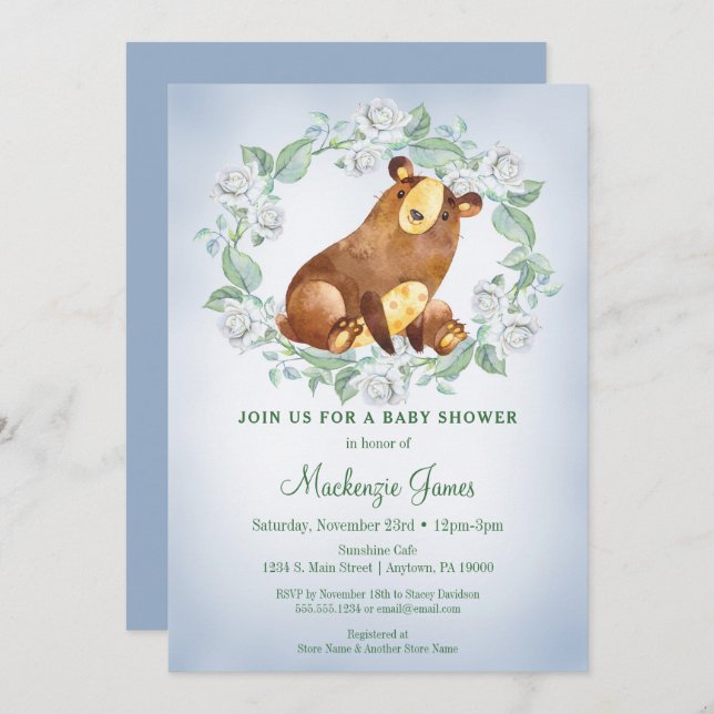 Bear Woodland Baby Shower Invitación Boys Blue (Anverso / Reverso)