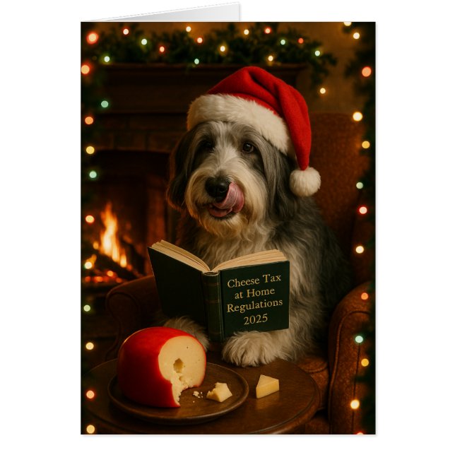 Bearded collie 'Cheese Tax' Christmas card (Frente)