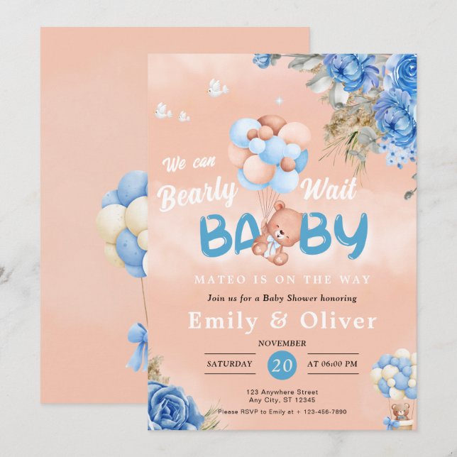 Bearly Wait Blue Teddy Bear Invitación Baby Shower (Anverso / Reverso)
