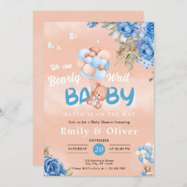 Bearly Wait Blue Teddy Bear Invitación Baby Shower