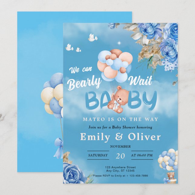 Bearly Wait Blue Teddy Bear Invitación Baby Shower (Anverso / Reverso)
