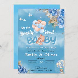 Bearly Wait Blue Teddy Bear Invitación Baby Shower