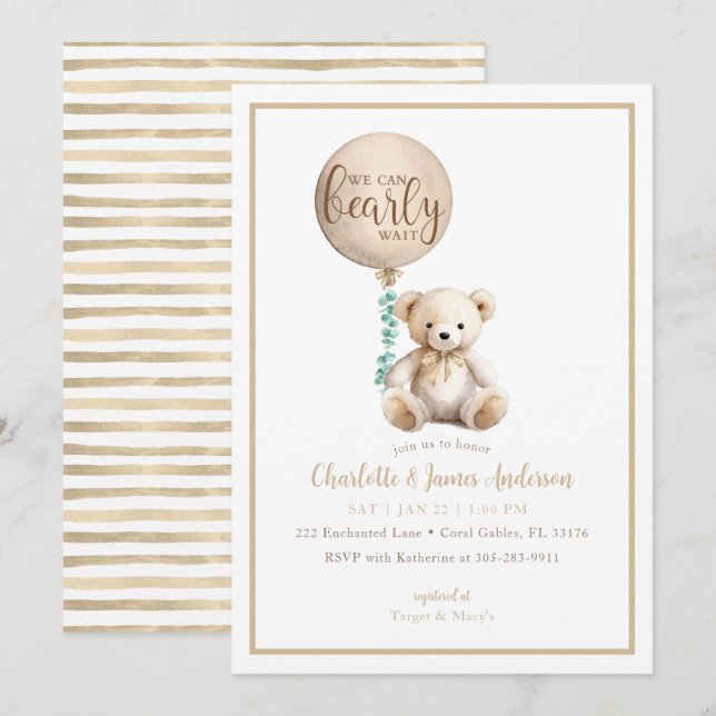 Bearly Wait Brown Teddy Bear Invitación Baby Showe (Anverso / Reverso)