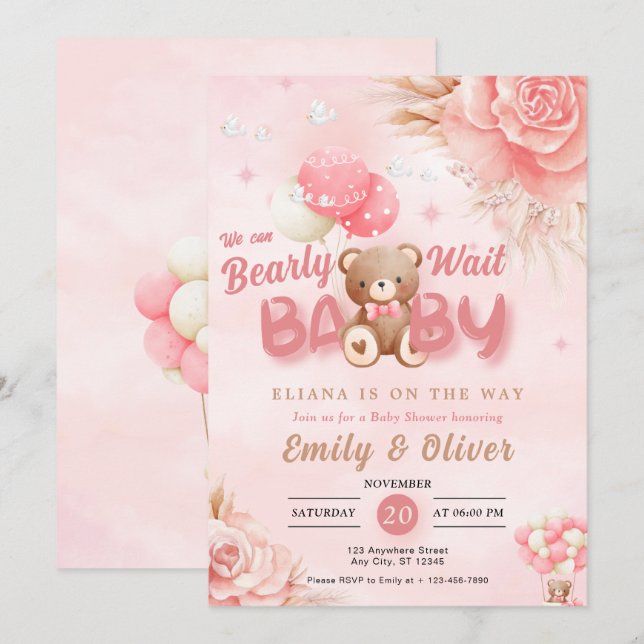 Bearly Wait Pink Teddy Bear Invitación Baby Shower (Anverso / Reverso)
